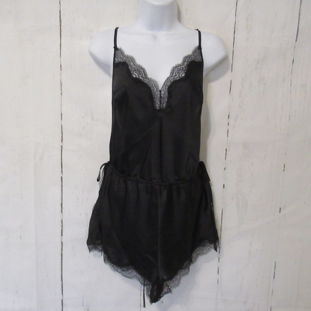 Victorias Secret Romper L Black Satin Lace Strappy Lace Up Back